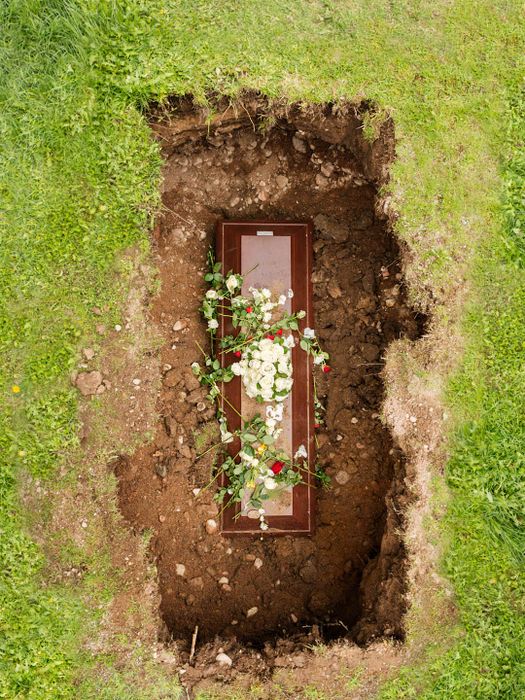 A coffin adorned with flowers, resting in the earth