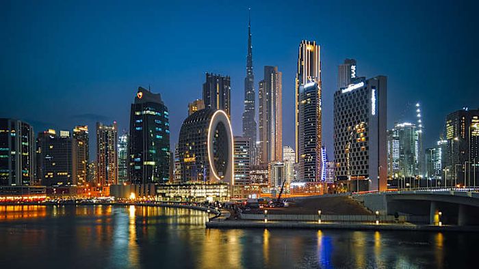 Dubai's illuminated skyline after sunset