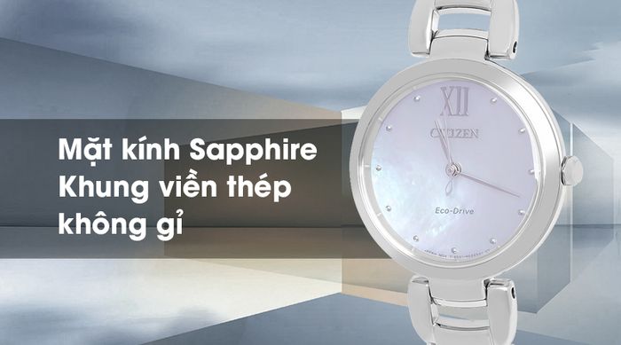 Đồng hồ nữ Citizen EM0530-81D - Eco-Drive có mặt kính cao cấp, bền bỉ, khung viền cứng cáp, dễ lau chùi