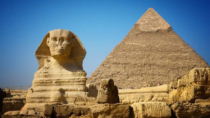 The Pyramid of Khafre and the Great Sphinx of Giza.