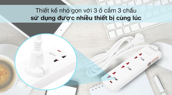 Thiết kế nhỏ gọn - Ổ cắm 3 lỗ dây 2.5m Sunhouse SHE OC6-3P