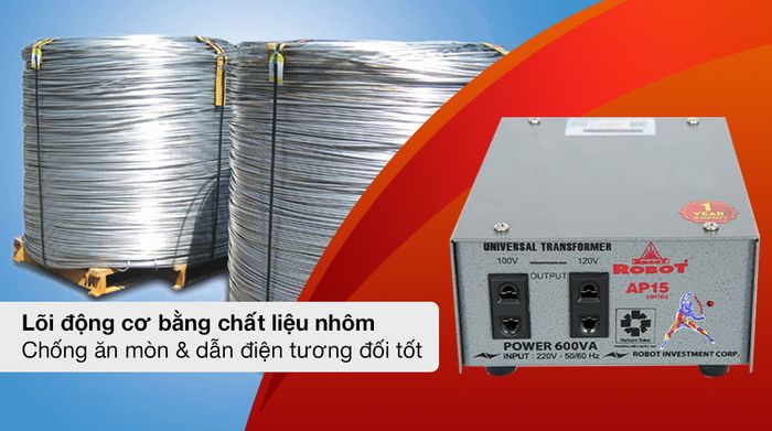 Biến thế Robot 600VA - AP15 UT1P600A - Lõi động cơ làm bằng chất liệu nhôm, chống ăn mòn và dẫn điện tương đối tốt