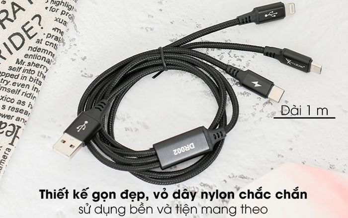 Cáp 3 đầu Lightning Type C Micro 1m Xmobile DR002 Đen - Màu đen sang trọng, dài 1 m