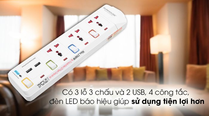 Ổ cắm điện Sunhouse 2 USB 3 lỗ 3 chấu 2.5m SHE- OC2-3RU - Có 3 lỗ 3 chấu và 2 USB