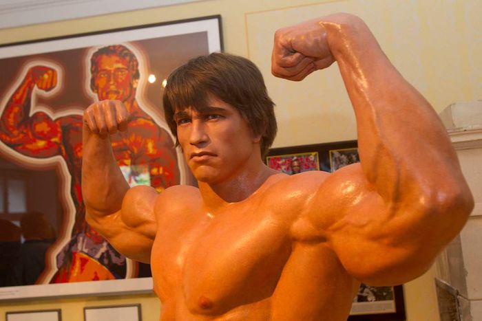 An Arnold Schwarzenegger statue is shown.