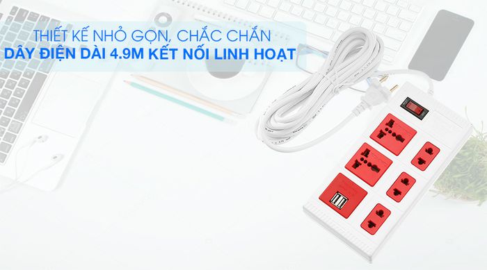 Ổ cắm điện Điện Quang 5 lỗ 2 USB 5m ECO ĐQ ESK 5WR 5ECO 2A - Thiết kế