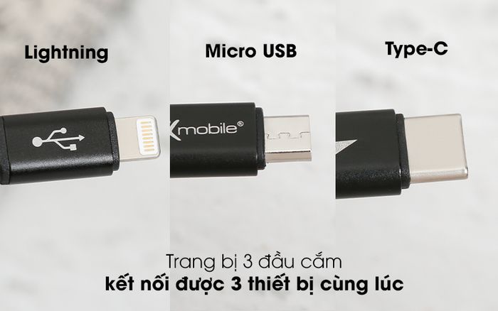 Cáp 3 đầu Lightning Type C Micro 1m Xmobile DR002 Đen - 3 cổng sạc Micro USB, Type-C, Lightning