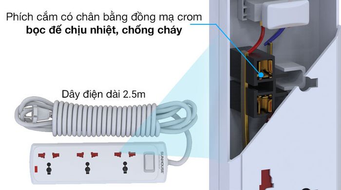 Mạch điện bằng đồng nguyên khối - Ổ cắm 3 lỗ dây 2.5m Sunhouse SHE OC6-3P