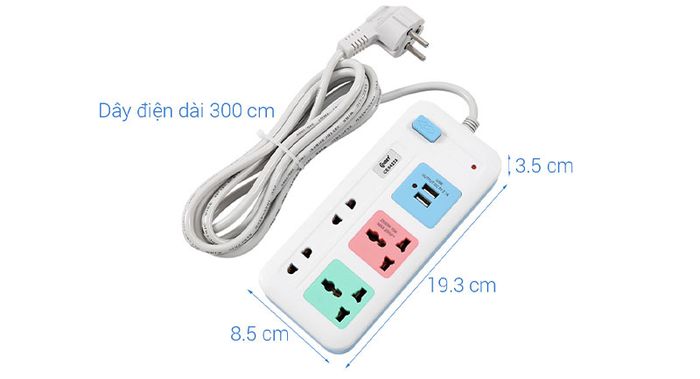 Chiều dài - Ổ cắm điện 2USB 4 lỗ 3m COMET CES4223