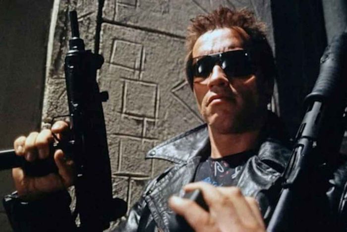 Arnold Schwarzenegger in his iconic role in The Terminator (1984).