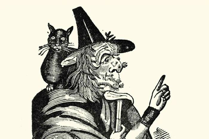 A witch with a black cat perched on her shoulder, 18th Century woodcut