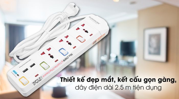 Ổ cắm điện Sunhouse 2 USB 3 lỗ 3 chấu 2.5m SHE- OC2-3RU - Kết cấu gọn gàng