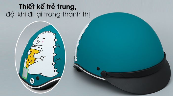Mũ bảo hiểm 1/2 size M Delites ATN04 - Có màu xanh, họa tiết khủng long xinh tươi, trẻ trung