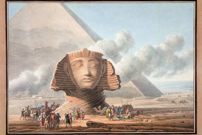 A glimpse of the Sphinx’s head and the Pyramid of Khafre, circa 1790