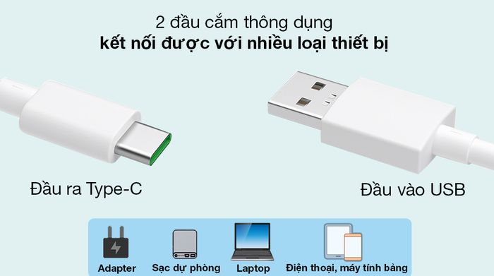 Cáp Type C SuperVOOC 1m OPPO DL129 Trắng - Tương thích với nhiều thiết bị qua đầu cắm USB và Type-C