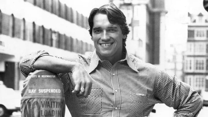 A snapshot of Arnold Schwarzenegger from 1977.