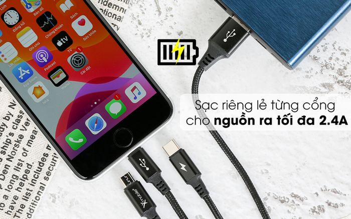 Cáp 3 đầu Lightning Type C Micro 1m Xmobile DR002 Đen - Sạc riêng lẻ nguồn ra đạt 2.4A