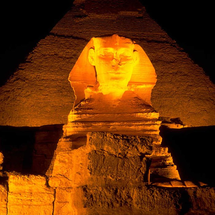 The Great Sphinx illuminated at night.