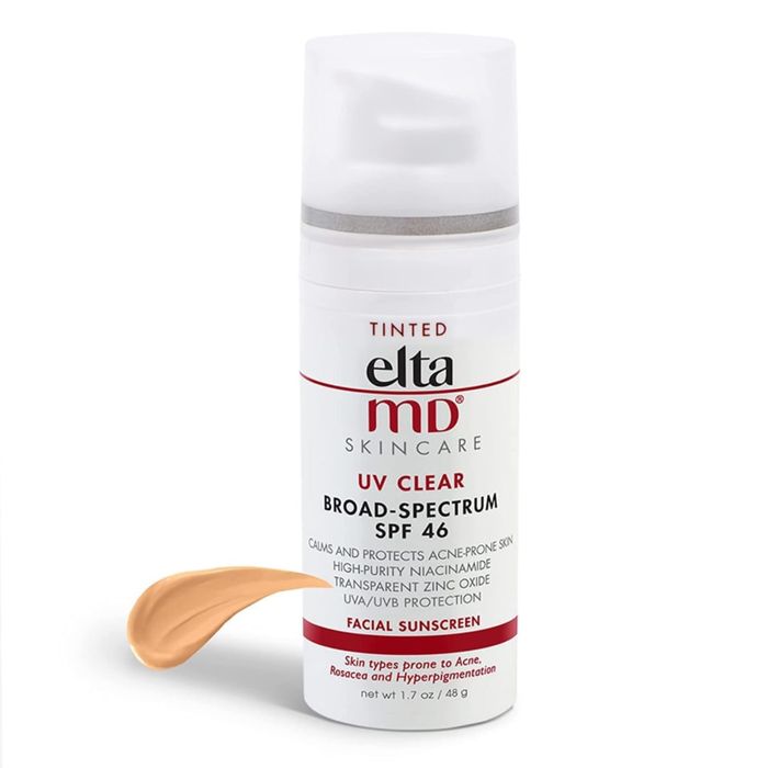 EltaMD UV Clear SPF 46 Tinted Face Sunscreen, shown against a white background, is a top-rated tinted mineral sunscreen.