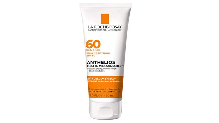 La Roche-Posay Anthelios Melt-in Milk Body & Face Sunscreen, displayed against a white background, is a top choice for chemical sunscreens.