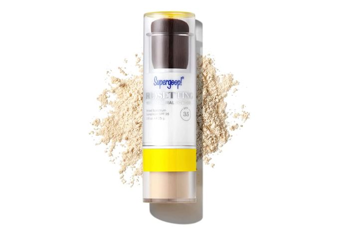 Supergoop! (Re)setting 100% Mineral Powder Sunscreen SPF 35 PA+++, displayed against a white background, is a top pick for sunscreen.