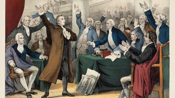 Patrick Henry is depicted delivering his iconic 'give me liberty' speech.