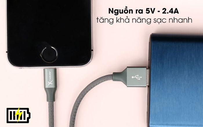 Nguồn ra 2.4A, tăng khả năng sạc nhanh - Cáp Lightning 1m Xmobile LTL-01X Xanh rêu