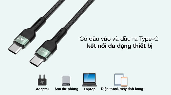 Cáp Type C- Type C 2m Xmobile TCS2000 - Có 2 đầu cắm Type-C tương thích hầu hết thiết bị được dùng phổ biến trên thị trường