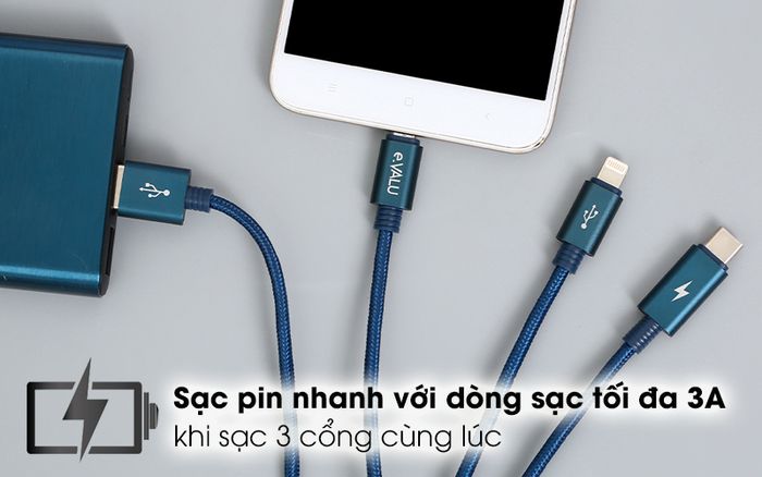 Cáp 3 đầu Lightning Type C Micro 1m eValu Spanker B 2 - Sạc cùng lúc 3 thiết bị đạt tới 3A