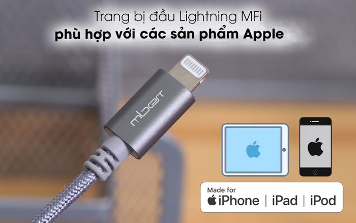 Cáp Lightning MFI 1m Mbest DS949-WB Xám - Chuẩn Lightning