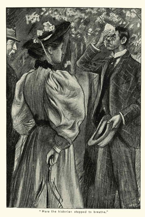 A Victorian gentleman dabbing sweat in the presence of a lady.