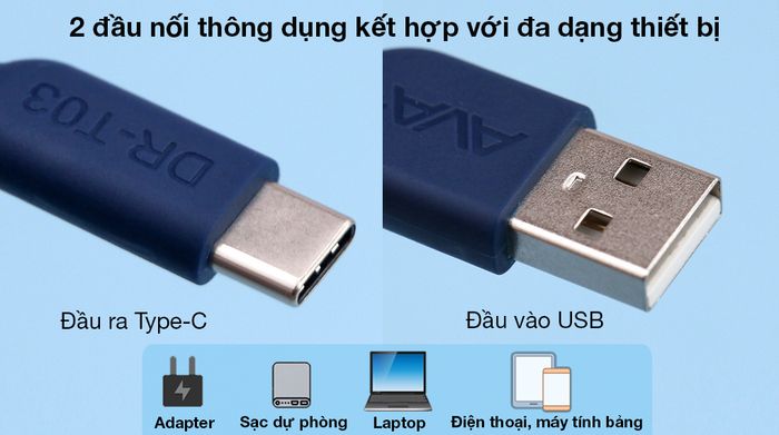 Cáp Type C 20cm AVA+ DR-T03 - Đầu nối USB và Type-C tương thích nhiều dòng máy khác nhau