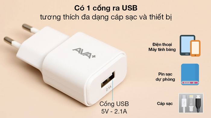 Adapter Sạc AVA+ DS017A-TB - Tích hợp cổng ra USB thông dụng