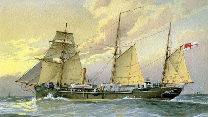 A British gunboat is shown