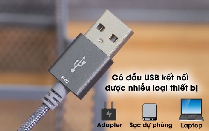 Cáp Lightning MFI 1m Mbest DS949-WB Xám - Thiết kế đầu vào USB