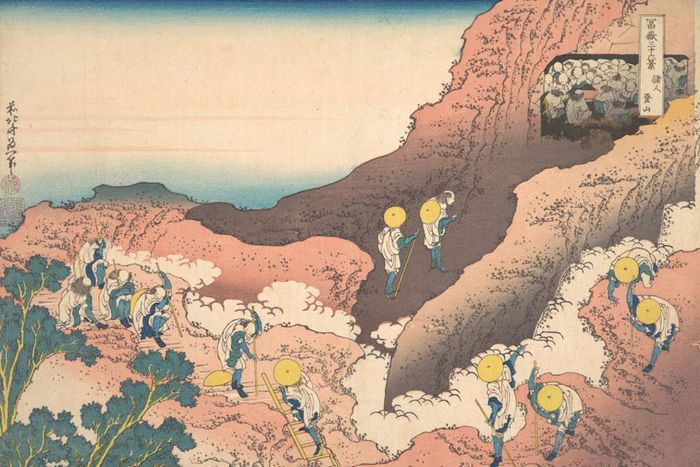 A 19th-century illustration depicting climbers ascending Mount Fuji.