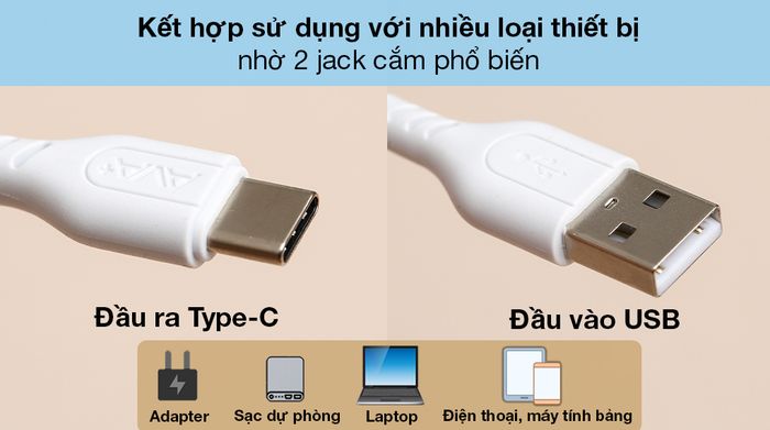 Cáp Type C AVA+ DS07 - Sử dụng 2 jack cắm thông dụng là Type-C và USB