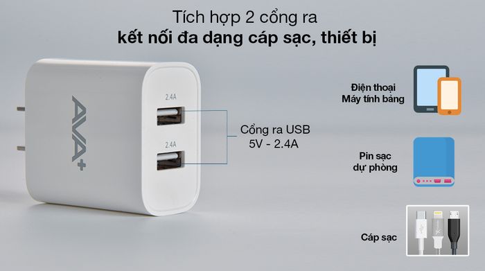 Adapter sạc 2.4A Dual AVA+ JC20 Trắng - Tích hợp 2 cổng ra USB thông dụng