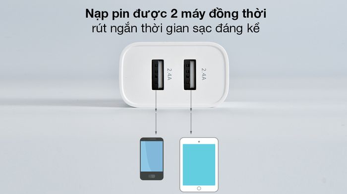 Adapter sạc 2.4A Dual AVA+ JC20 Trắng - Nạp pin đồng thời 2 máy