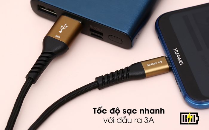 Tốc độ sạc nhanh với đầu ra lên đến 3A - Cáp Type C 2m Mbest DS463X-WB Đen