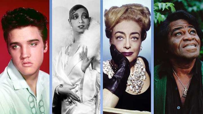 Elvis Presley, Josephine Baker, Joan Crawford, and James Brown.