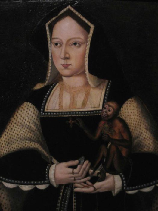 A portrait of Catherine of Aragon with her pet monkey, painted by Lucas Horenbout
