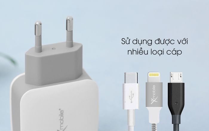 Adapter sạc 2.4A Dual Xmobile DS702 trắng tương thích được với nhiều loại cáp