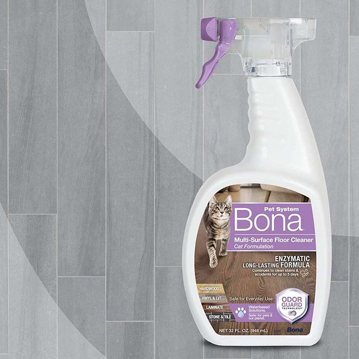 Bona Pet System Multi-Surface Floor Cleaner Spray, Cat Formulation in use on a multi-surface floor.