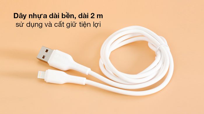 Cáp Lightning 2m AVA+ Kalf - Chất liệu dây nhựa bền bỉ, màu trắng sáng trẻ trung