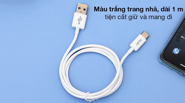 Cáp Type C AVA+ TC1000N - Thiết kế gọn đẹp, vỏ dây cáp màu trắng thời thượng