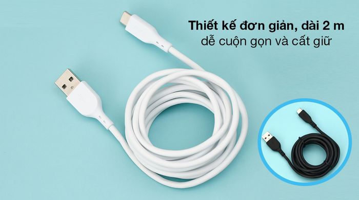 Cáp Type C 2m AVA+ DS08C - Thiết kế quen thuộc, dây cáp dài đến 2 m