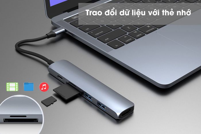 Trao đổi dữ liệu qua thẻ nhớ - Adapter chuyển đổi USB C 6 in 1 HyperDrive HD22E Xám