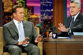 The Terminator and Jay Leno having a conversation about manicures