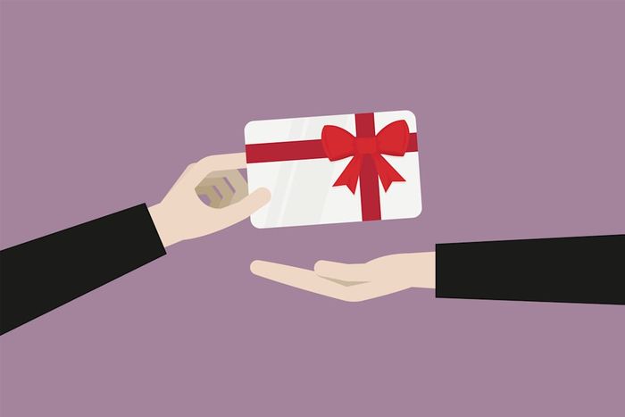 Illustration depicting one person handing another a gift card